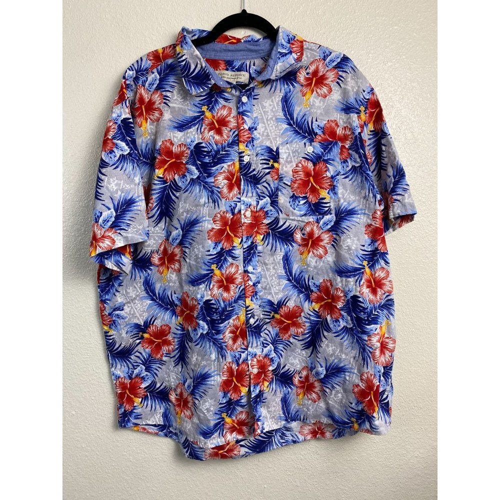 Island Republic Hawaiian Shirt Mens size 2XL Linen Blend Floral Red‎ Blue beach